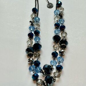 Signed Crown TRIFARI Double Strand Necklace. AB Faceted Blue Glass Beads. 16-18”